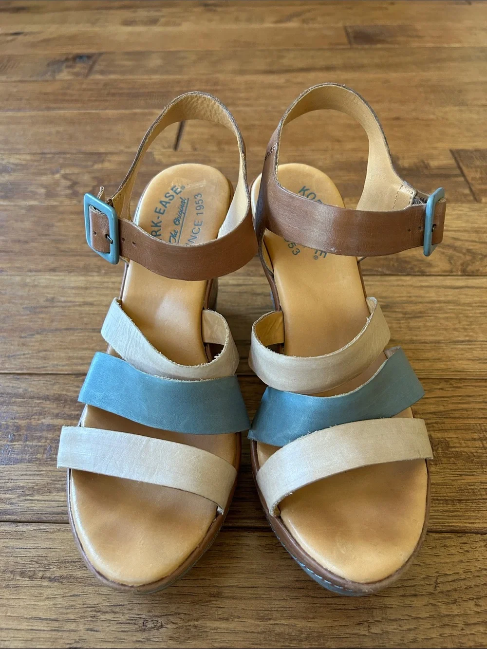 Kork-Ease Emily Strappy Wedge Heel Sandals Brown Blue Ivory Leather Size 8